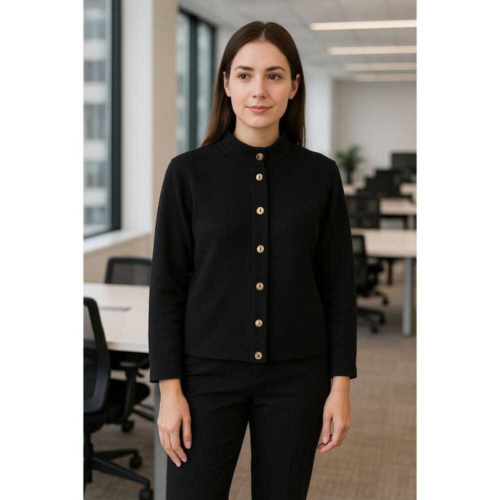 St. John Black Size M Sweater Gold Twist Lock Buttons Mandarin Collar Academia - Picture 4 of 12